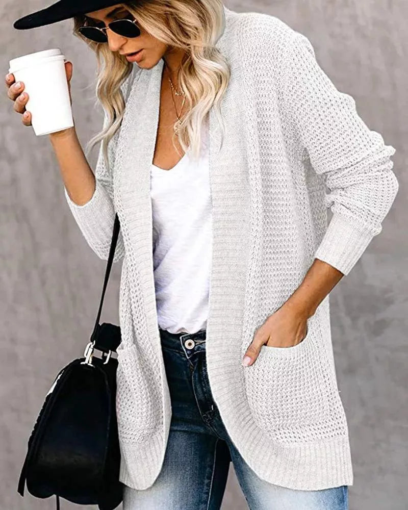 V-neck Knitted Cardigan Solid Open Stitch Winter Warm Long Sleeve Sweaters