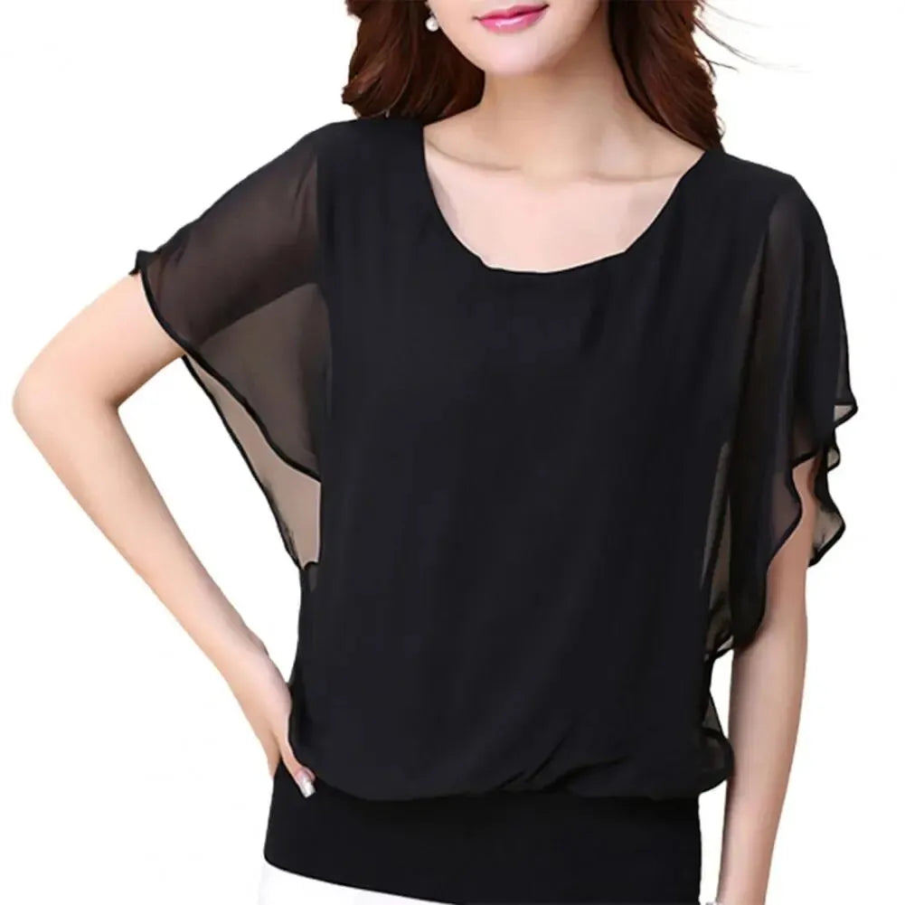 Chiffon Blouse Women Top Solid Color O Neck Pullover Batwing Sleeve Ruffle Shirts Blouses Summer Top