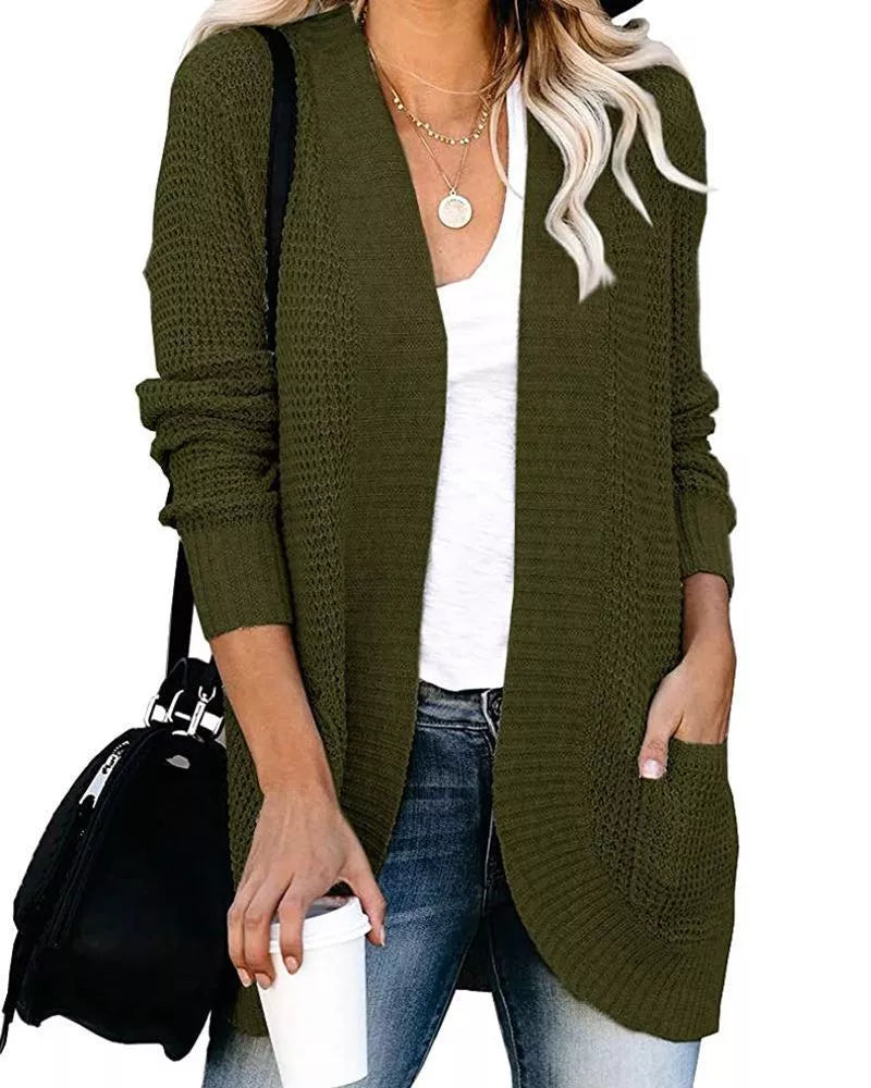 V-neck Knitted Cardigan Solid Open Stitch Winter Warm Long Sleeve Sweaters