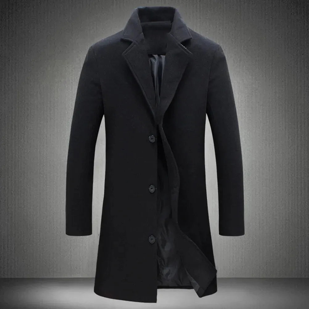 Autumn Winter Fashion Men's Woolen Coats Solid Color Single Breasted Lapel Long Coat Jacket Casual Overcoat Plus Size 5 Colors