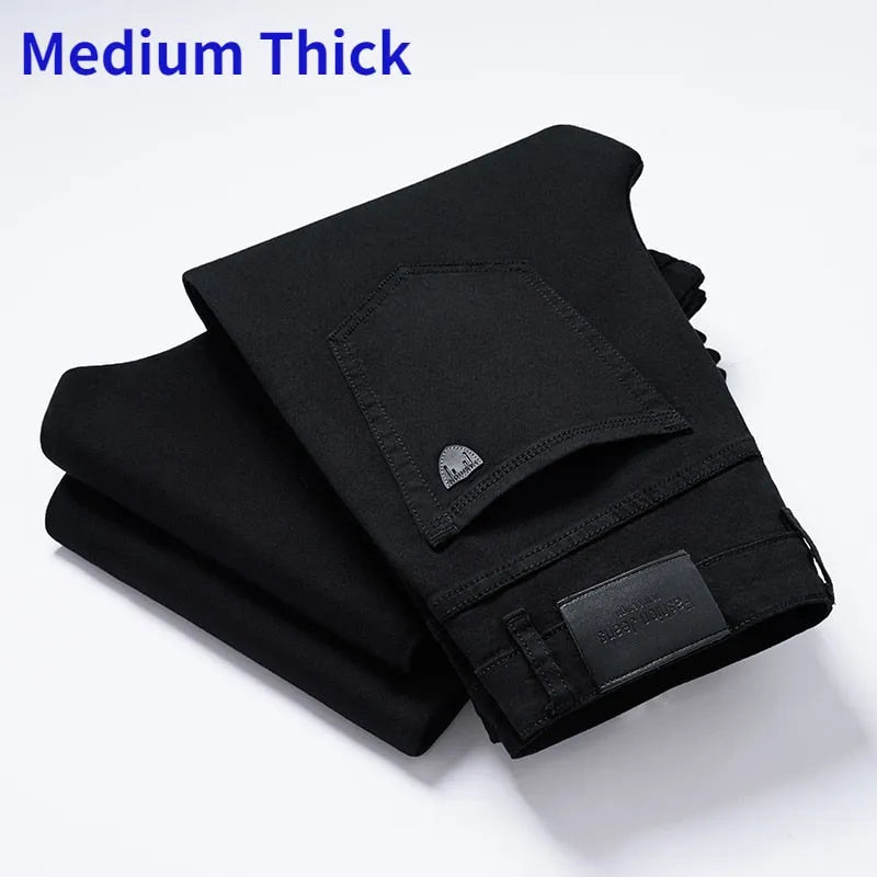 2023 Brand Thin or Thick Material Straight Cotton Stretch Denim Men's  Business Casual High Waist Light Grey Blue Jeans