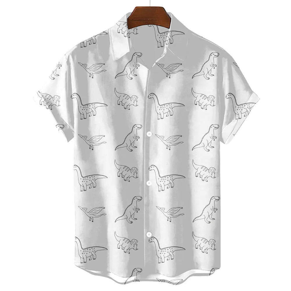 Trendy new black and white summer men's shirt cute dinosaur 3D printed men's clothing shirt lapel casual street top