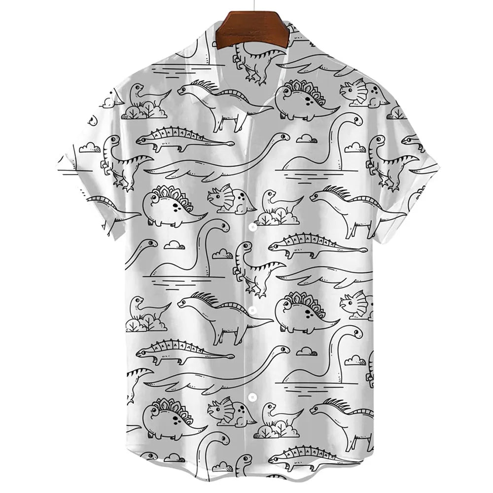 Trendy new black and white summer men's shirt cute dinosaur 3D printed men's clothing shirt lapel casual street top