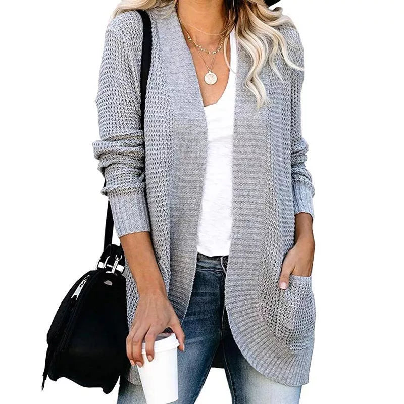 V-neck Knitted Cardigan Solid Open Stitch Winter Warm Long Sleeve Sweaters