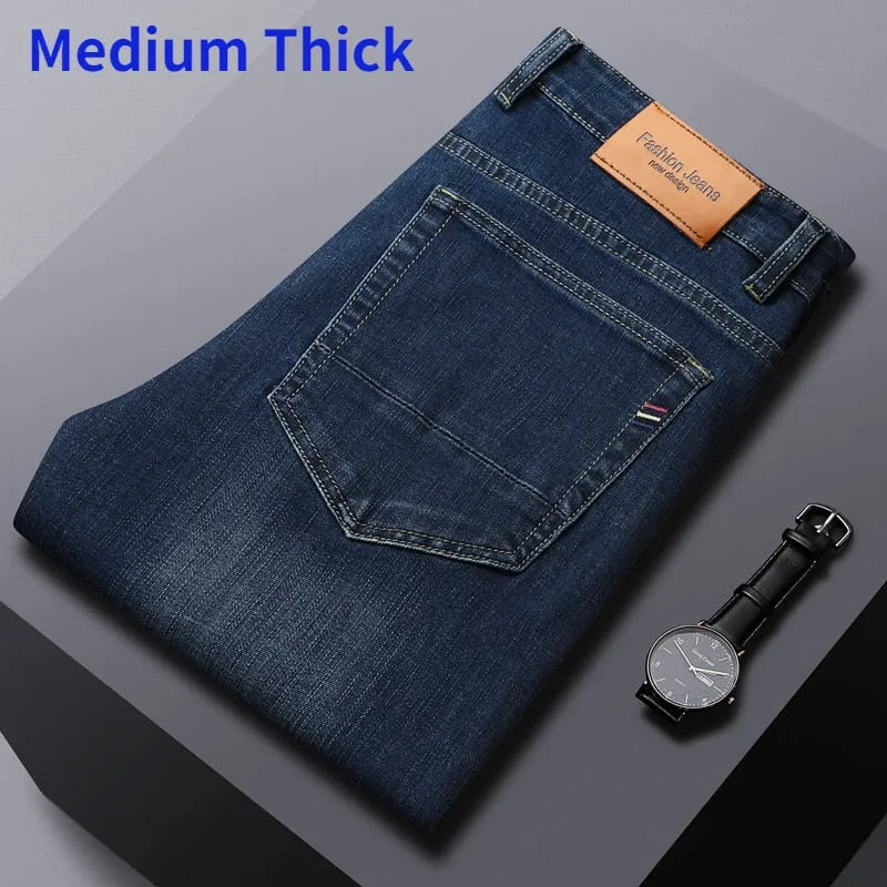 2023 Brand Thin or Thick Material Straight Cotton Stretch Denim Men's  Business Casual High Waist Light Grey Blue Jeans