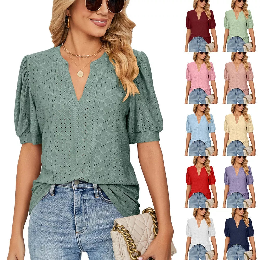 European and American women's summer casual V-neck solid color hollowed out bubble sleeves loose T-shirt top for women