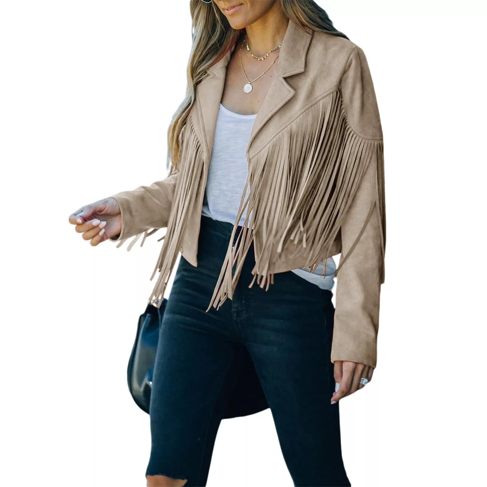 Fringed Hem Tassel Motor Biker Jacket Suede Leather