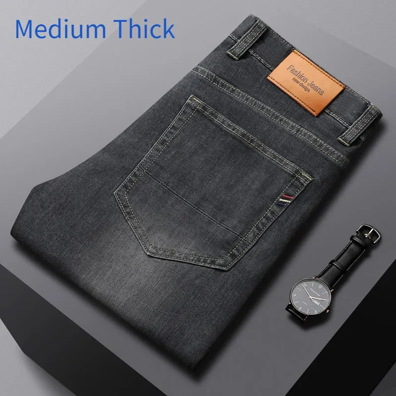 2023 Brand Thin or Thick Material Straight Cotton Stretch Denim Men's  Business Casual High Waist Light Grey Blue Jeans