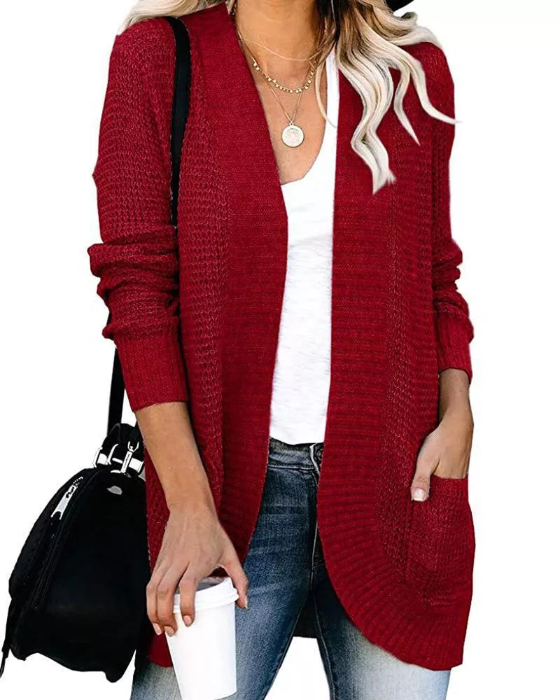 V-neck Knitted Cardigan Solid Open Stitch Winter Warm Long Sleeve Sweaters