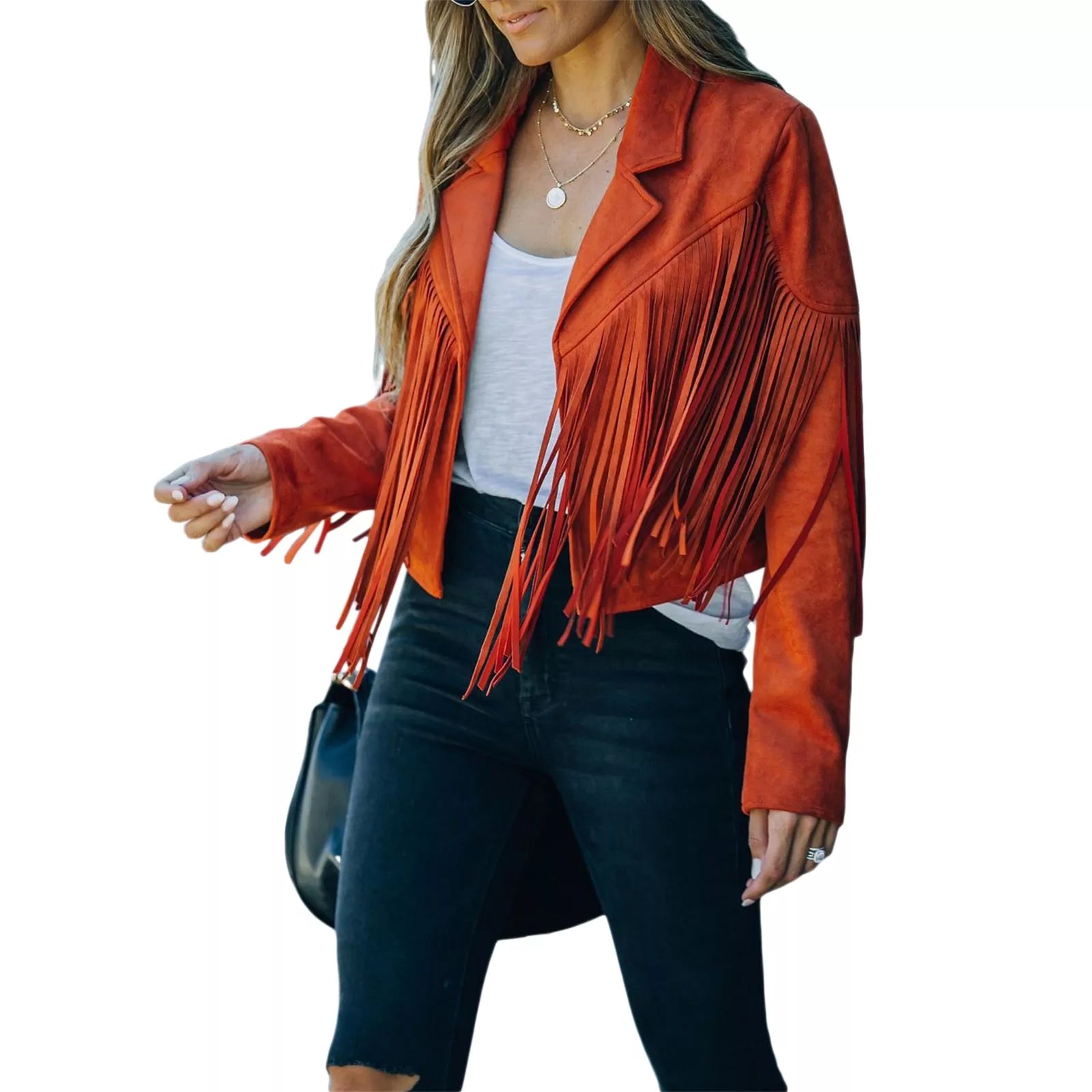 Fringed Hem Tassel Motor Biker Jacket Suede Leather