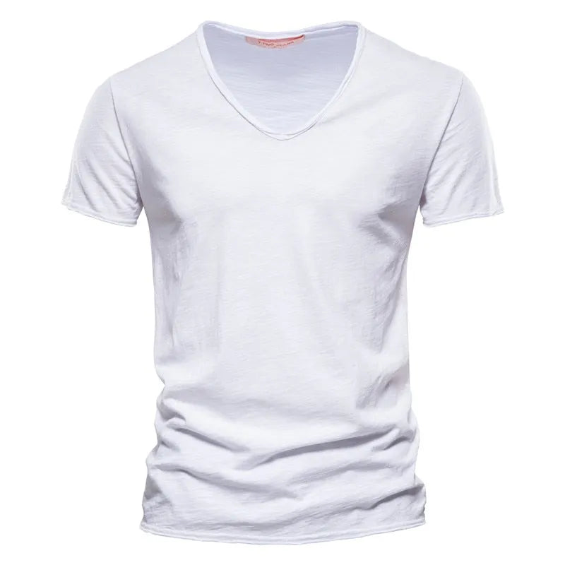 AIOPESON 100% Cotton Men T-shirt V-neck Fashion Design Slim Fit Soild T-shirts Male Tops Tees Short Sleeve T Shirt For Men