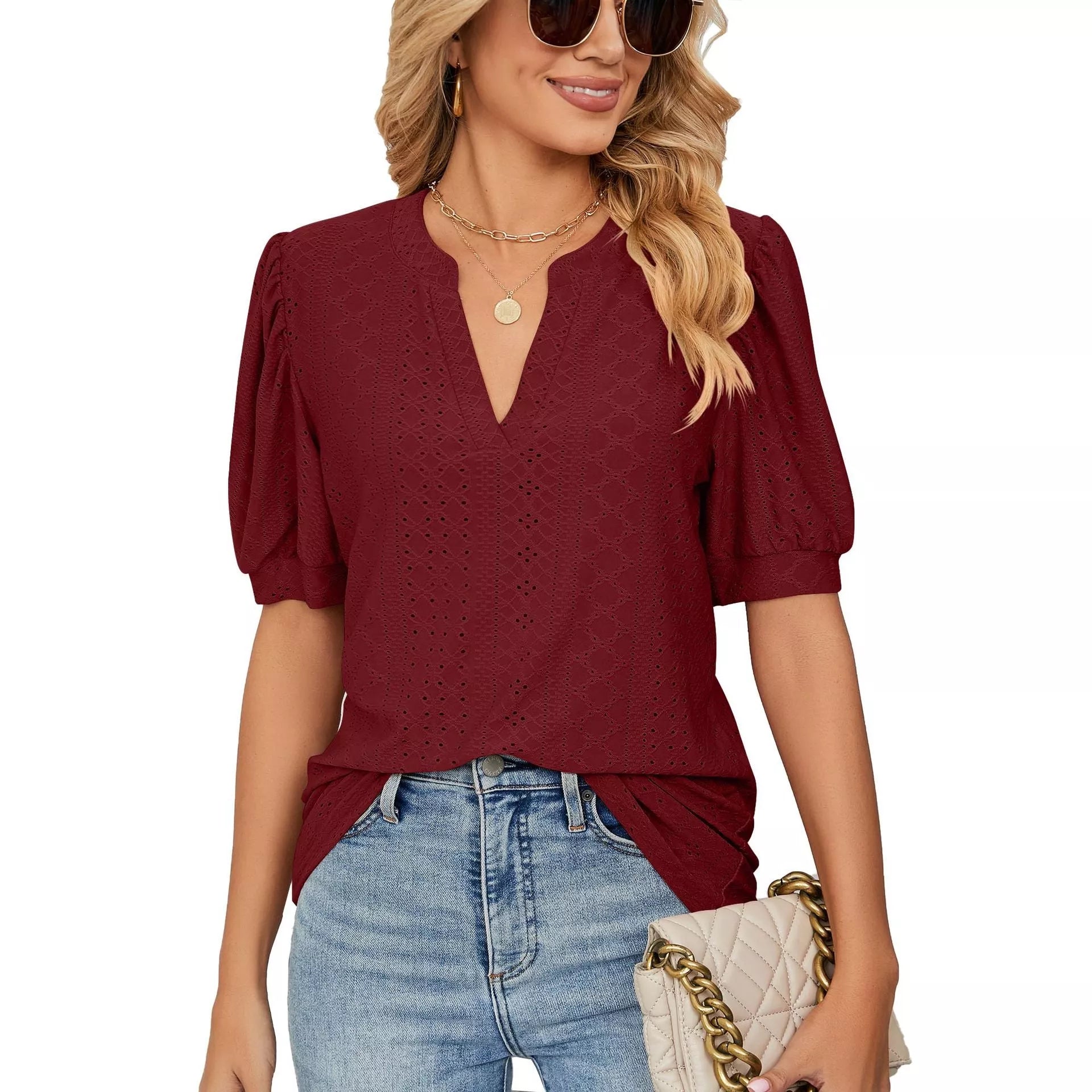 V-neck solid color hollowed out bubble sleeves loose T-shirt