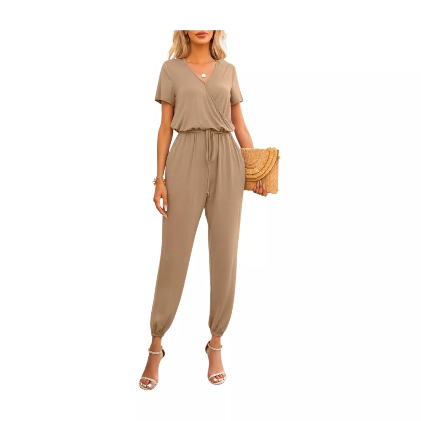 Short Sleeve V-Neck Jumpsuit with Pockets