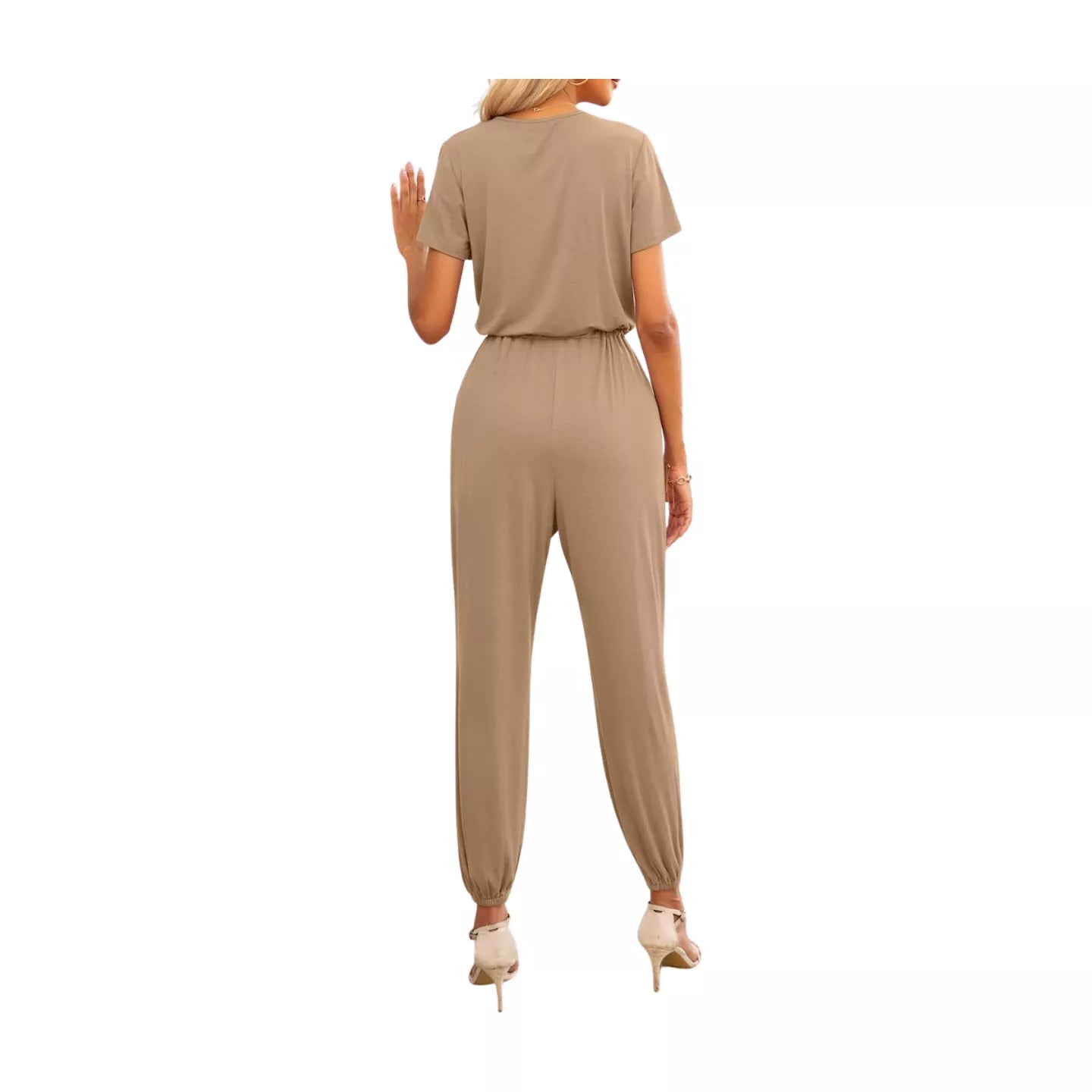 Short Sleeve V-Neck Jumpsuit with Pockets