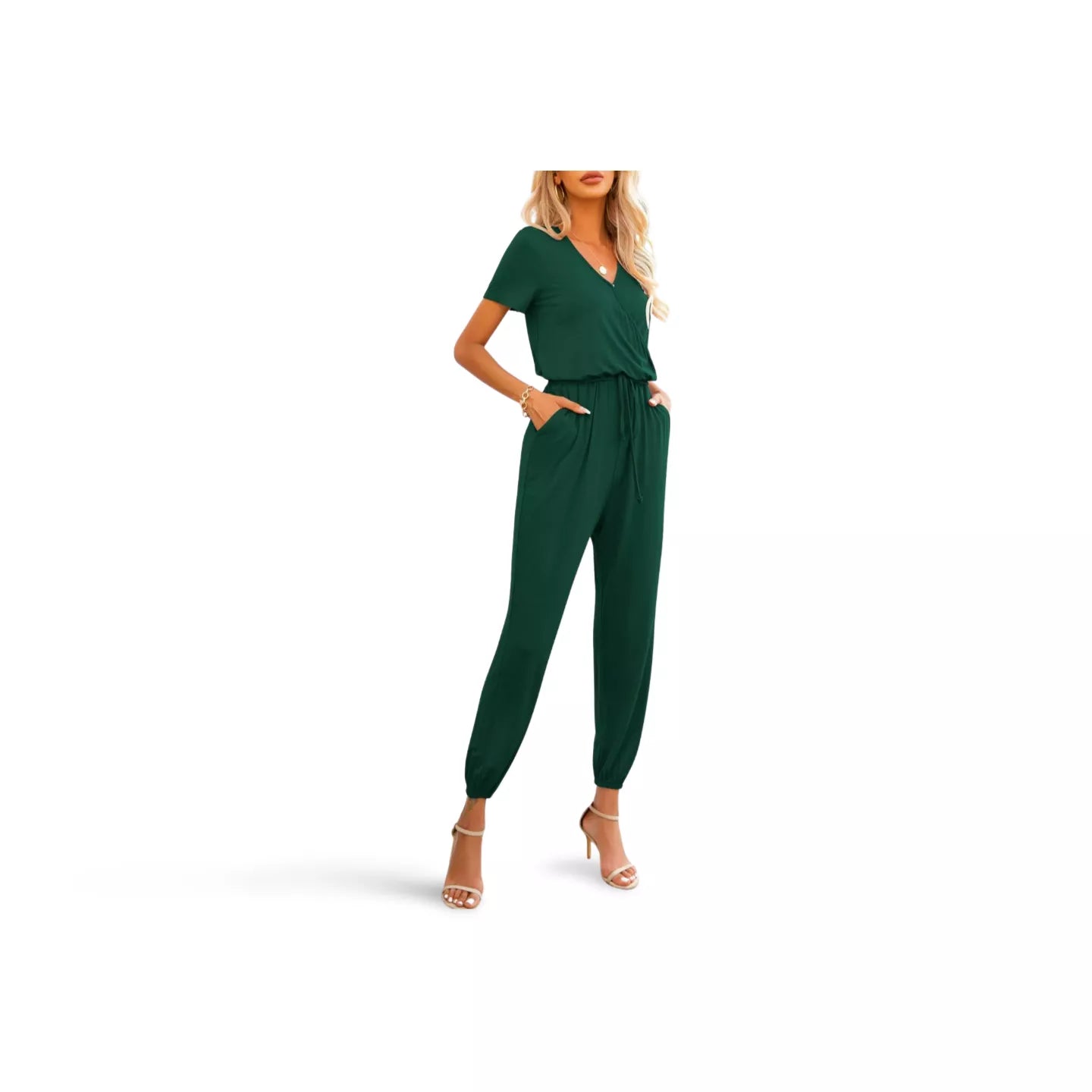 Short Sleeve V-Neck Jumpsuit with Pockets