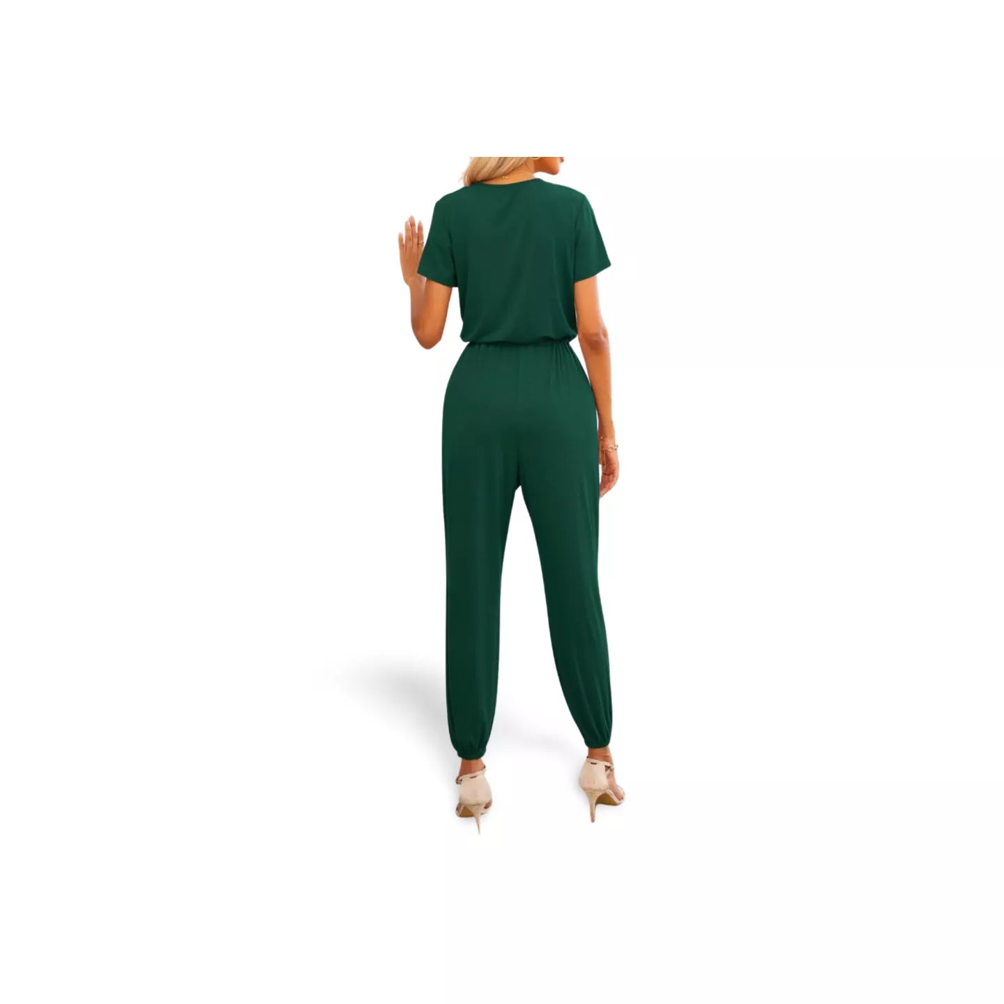 Short Sleeve V-Neck Jumpsuit with Pockets