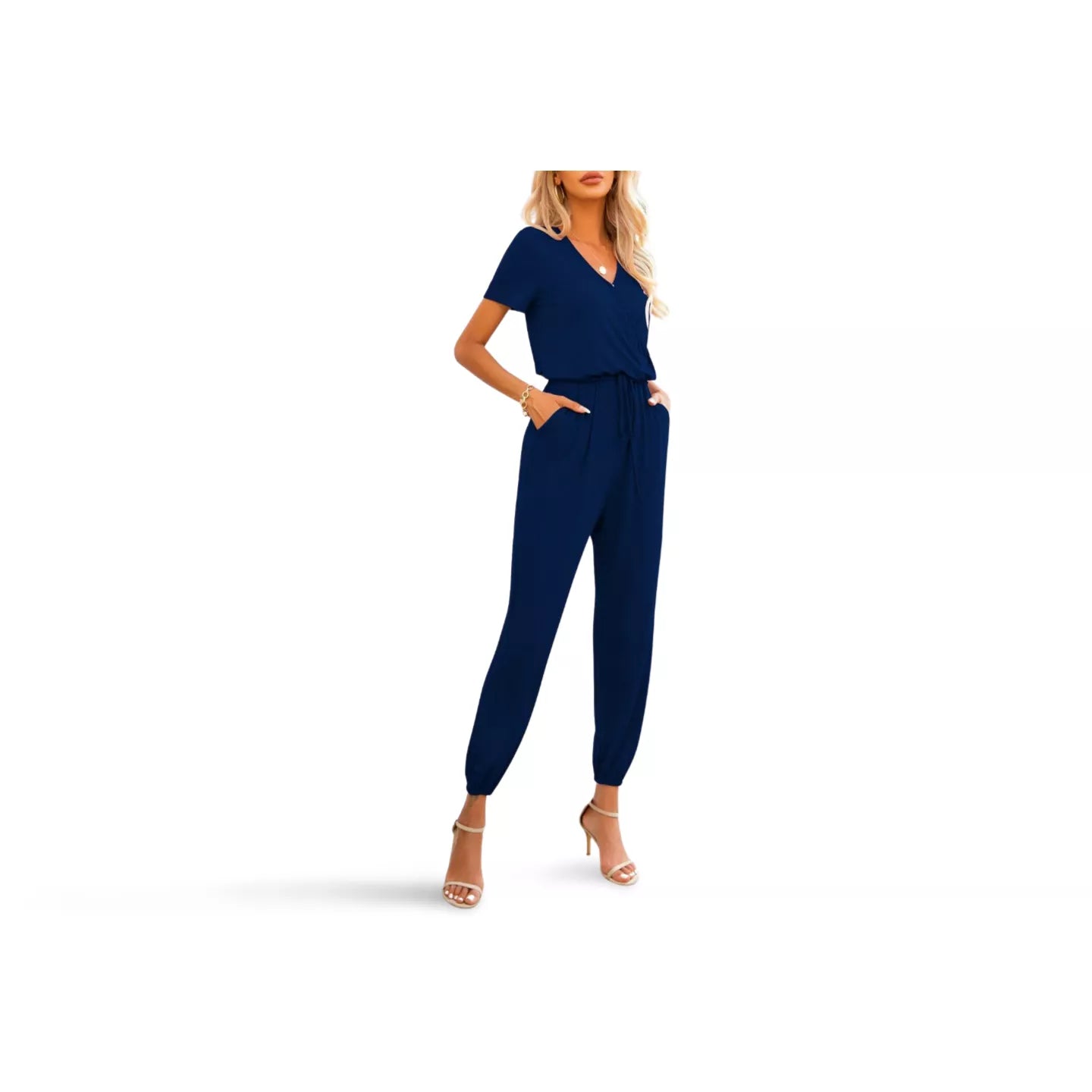 Short Sleeve V-Neck Jumpsuit with Pockets