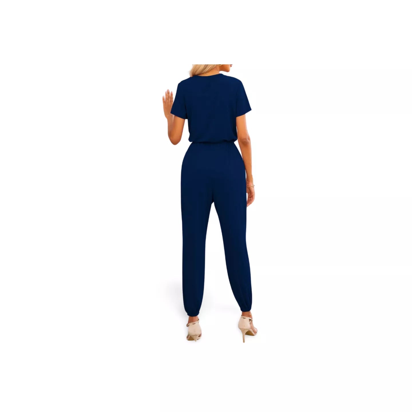 Short Sleeve V-Neck Jumpsuit with Pockets