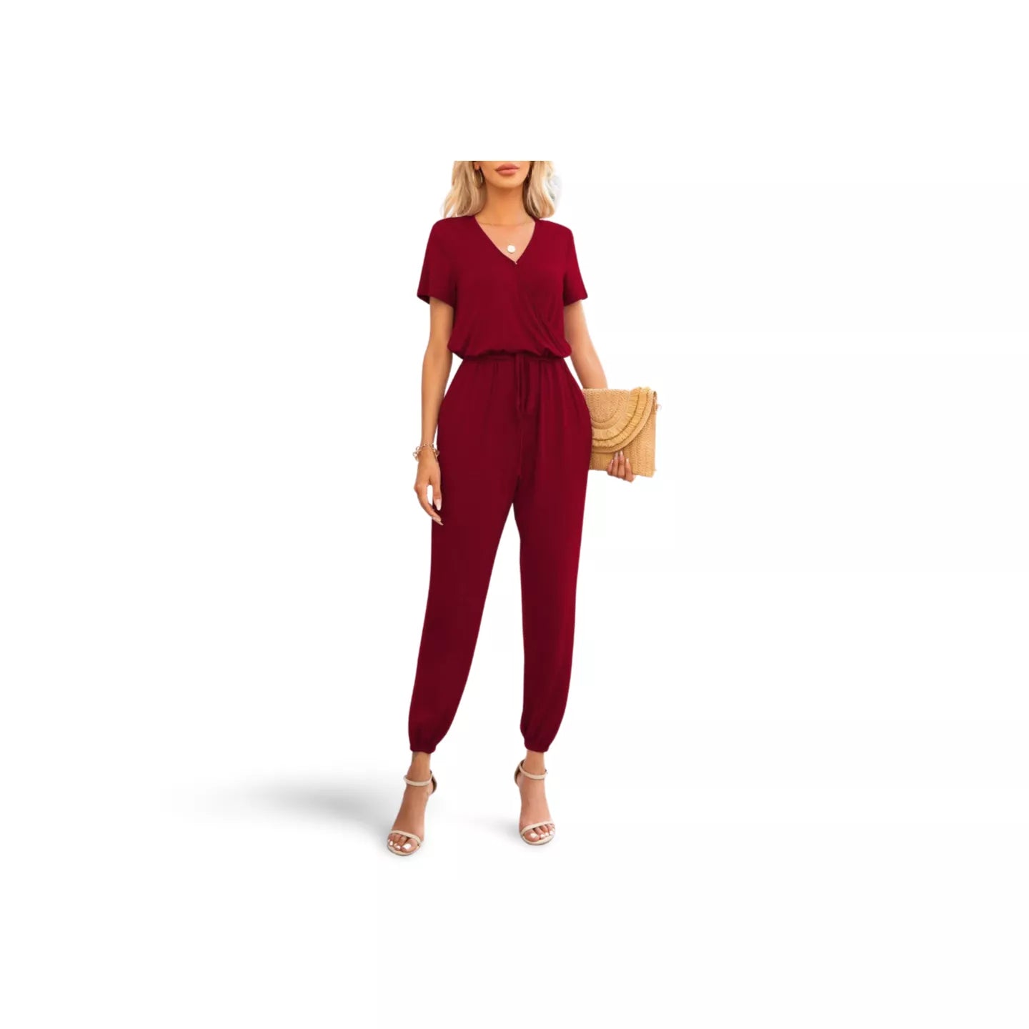 Short Sleeve V-Neck Jumpsuit with Pockets