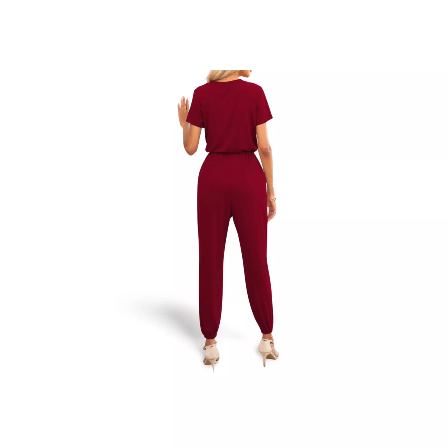 Short Sleeve V-Neck Jumpsuit with Pockets