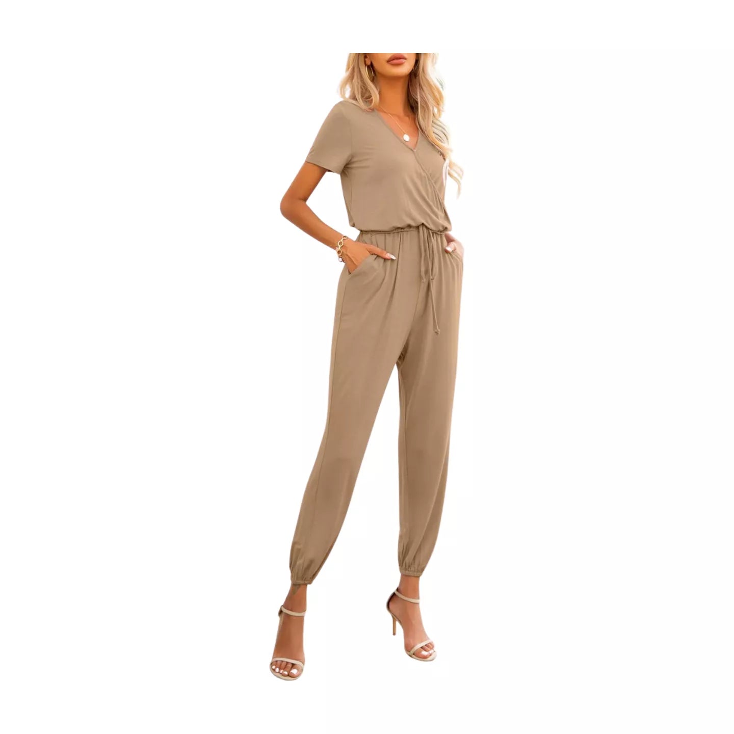 Short Sleeve V-Neck Jumpsuit with Pockets