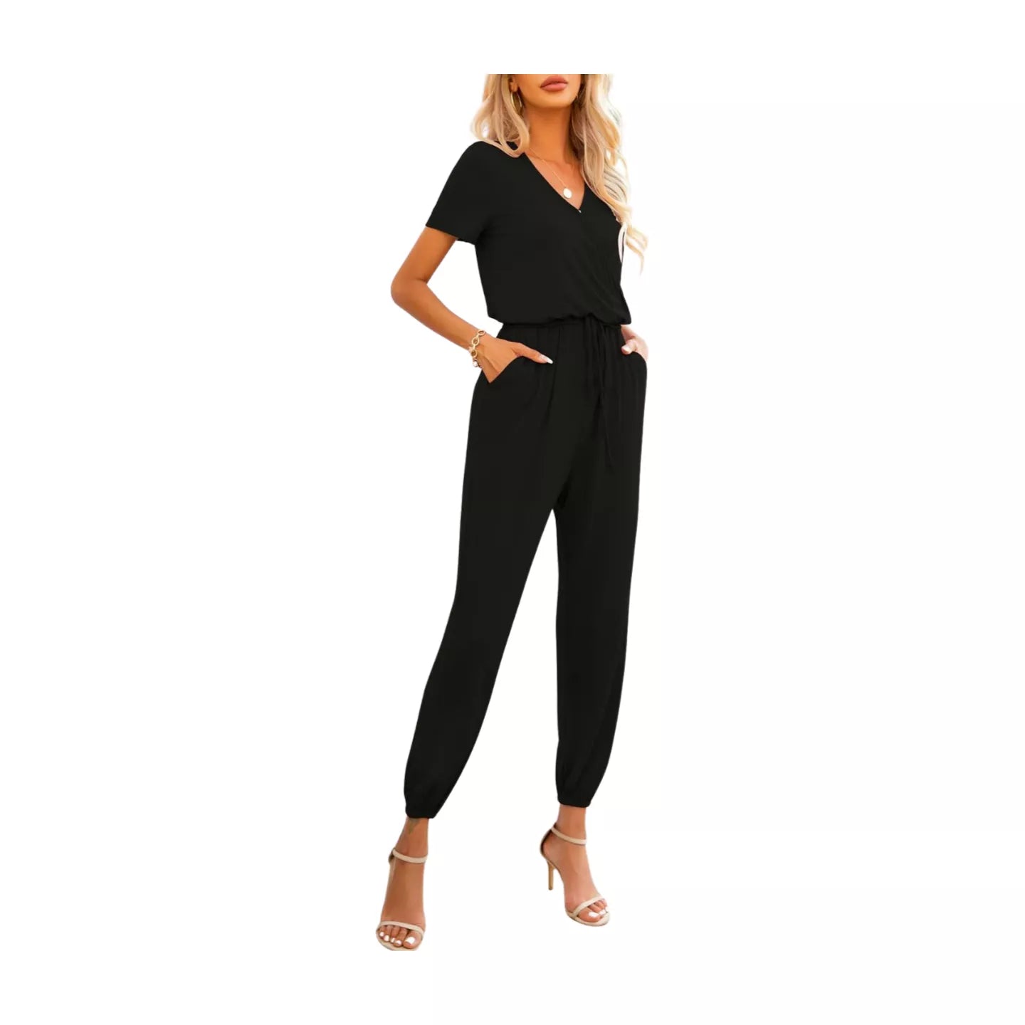 Short Sleeve V-Neck Jumpsuit with Pockets