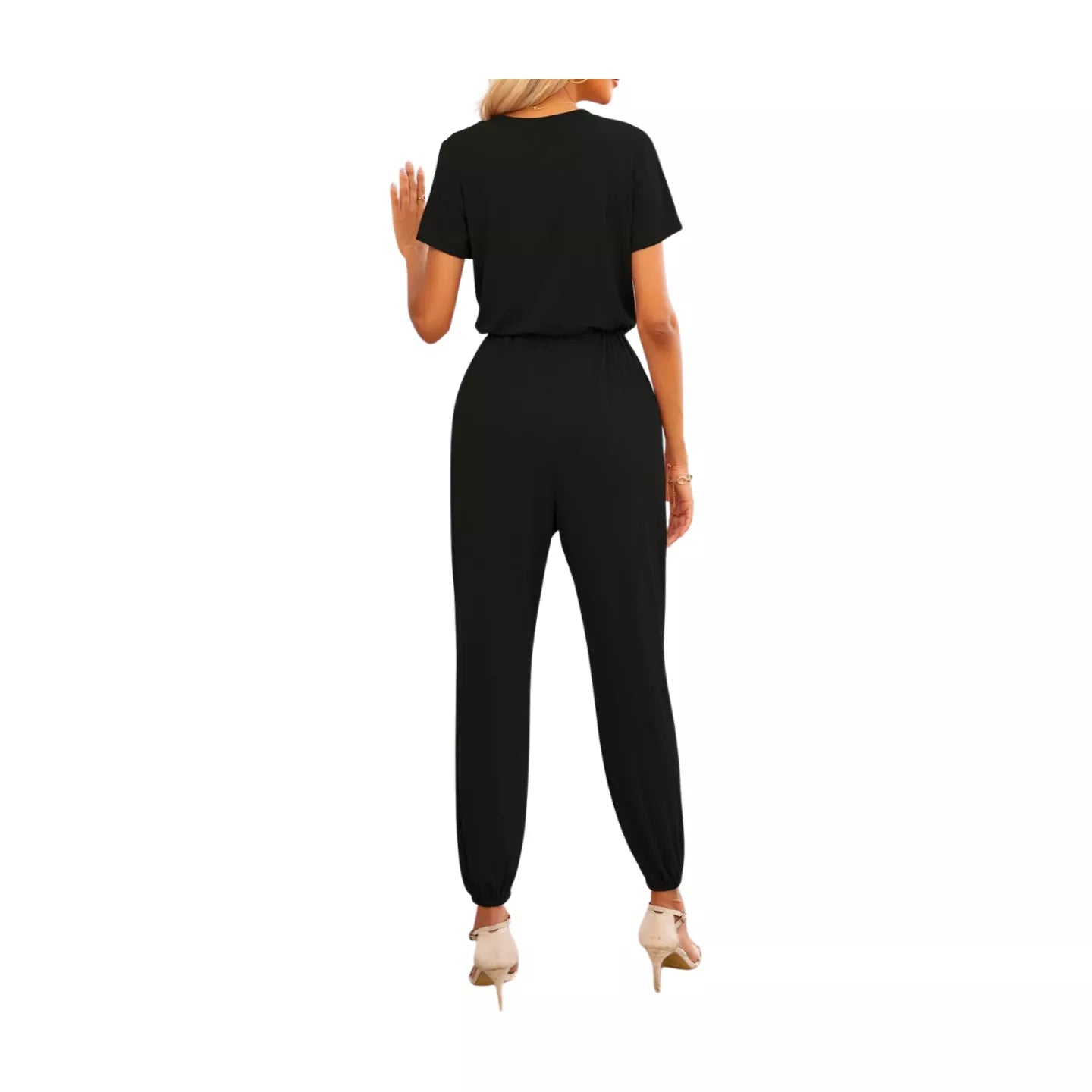 Short Sleeve V-Neck Jumpsuit with Pockets