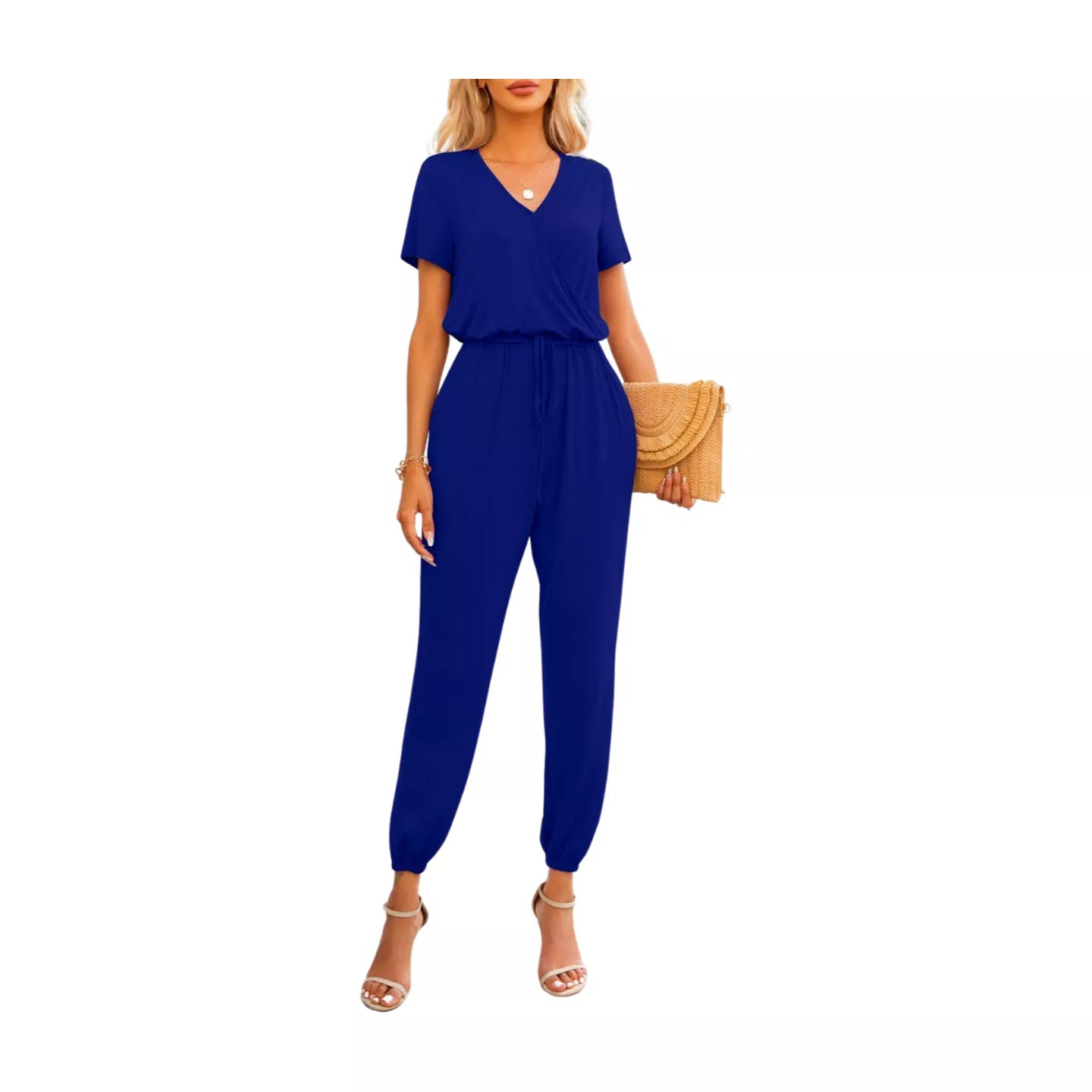 Short Sleeve V-Neck Jumpsuit with Pockets