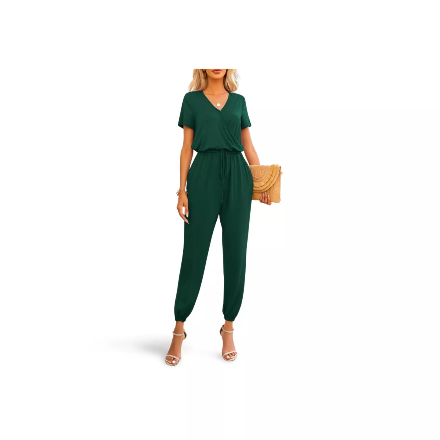 Short Sleeve V-Neck Jumpsuit with Pockets