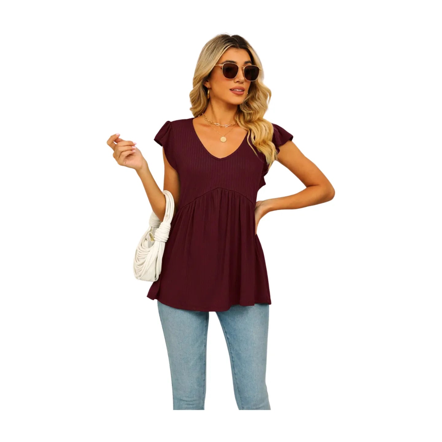 Women's V-Neck Flutter Sleeve Blouse