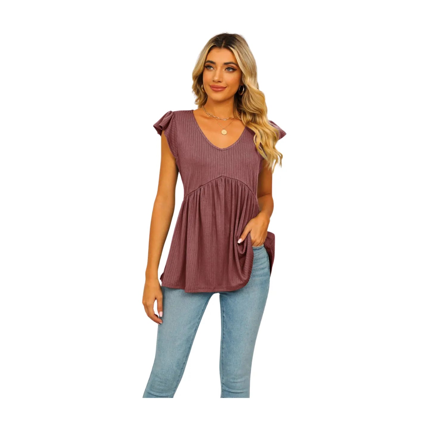 Women's V-Neck Flutter Sleeve Blouse