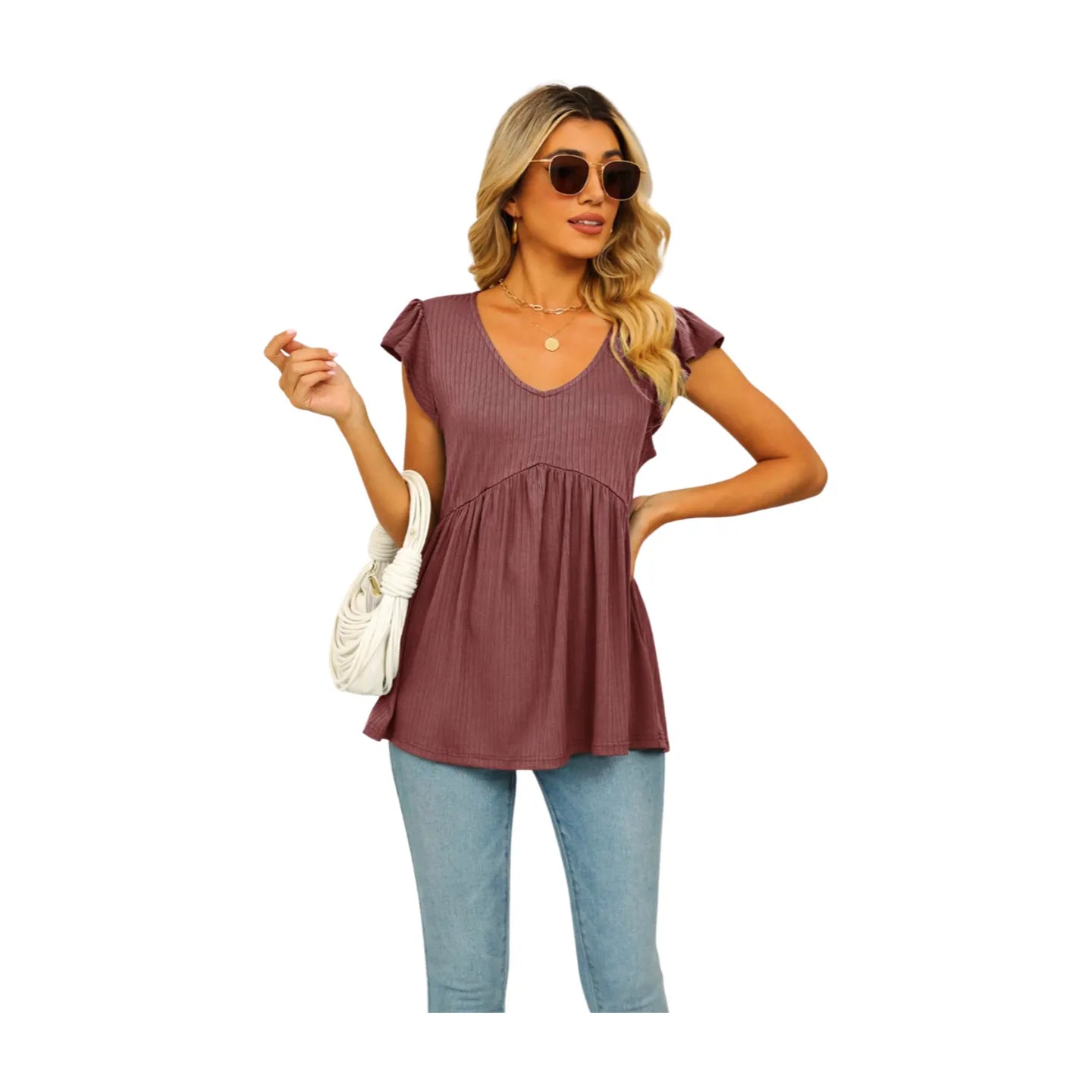 Women's V-Neck Flutter Sleeve Blouse