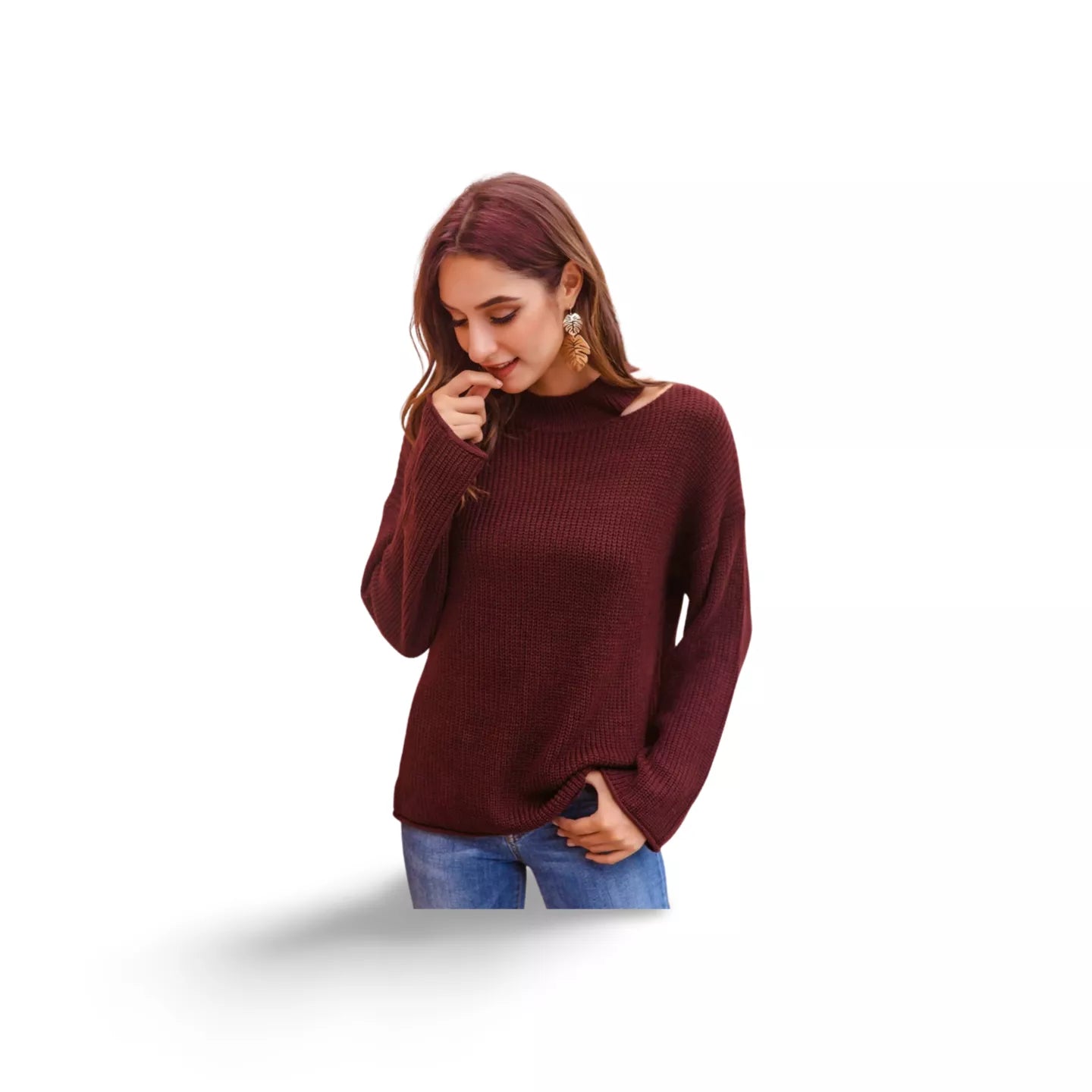 Round Neck Cutout Dropped Shoulder Sweater