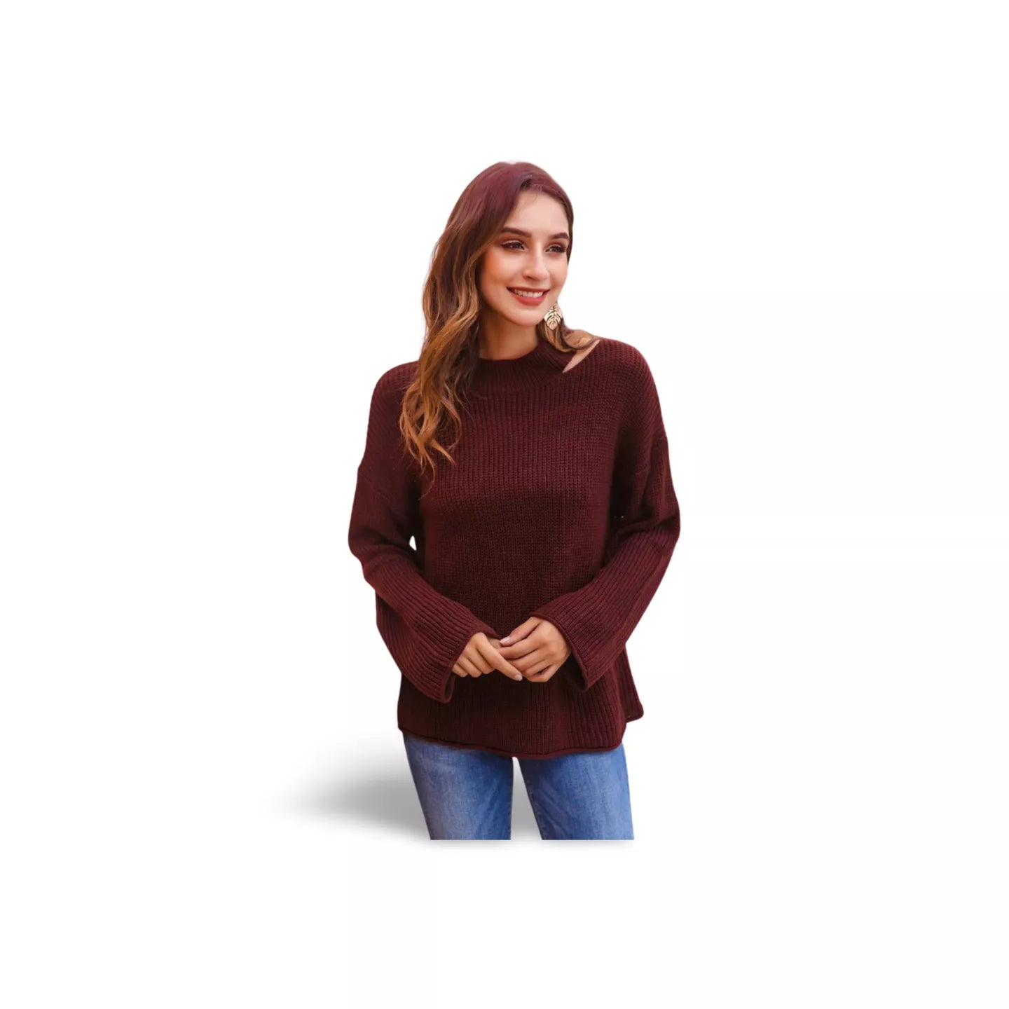 Round Neck Cutout Dropped Shoulder Sweater