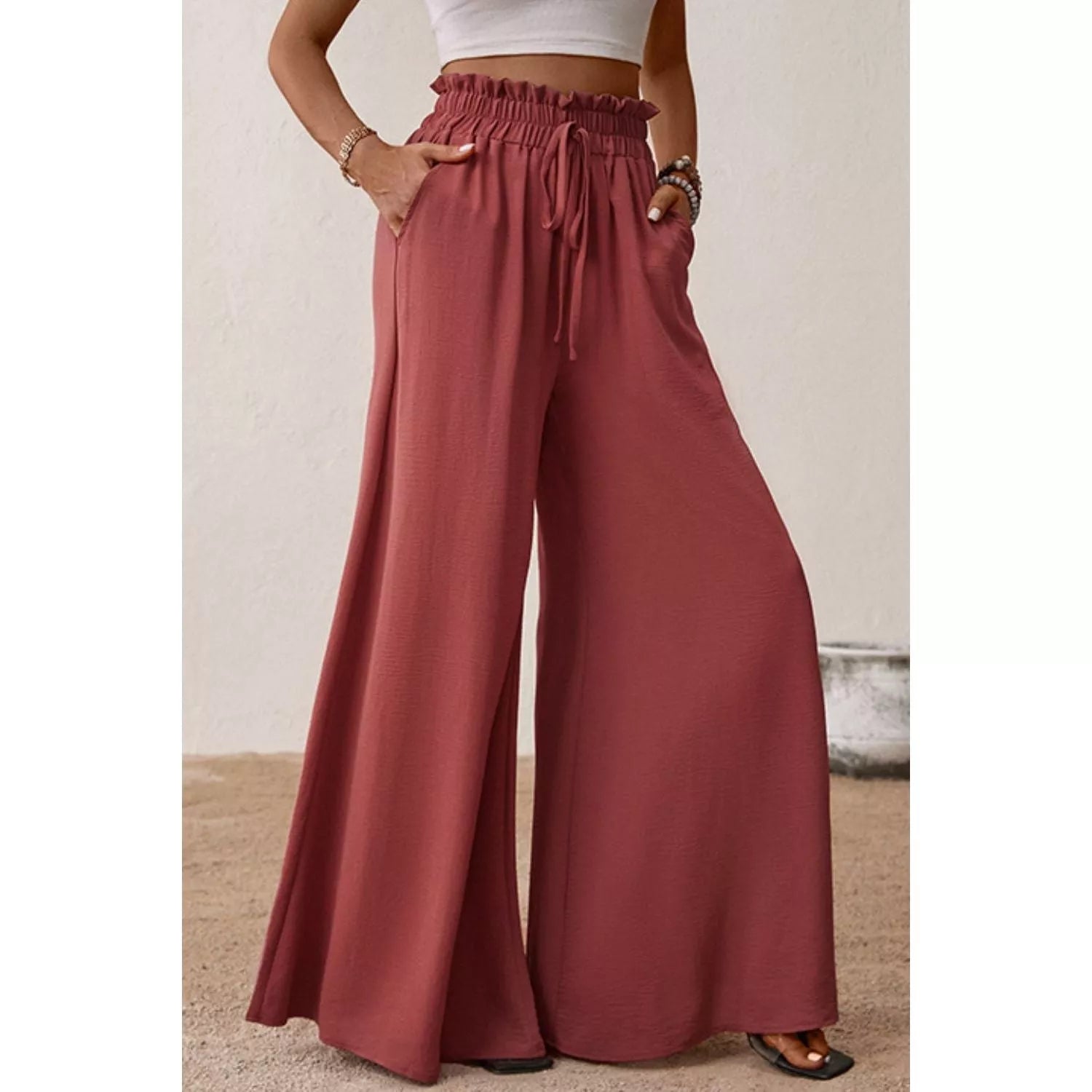 Smocked Paperbag Waist Wide Leg Pants