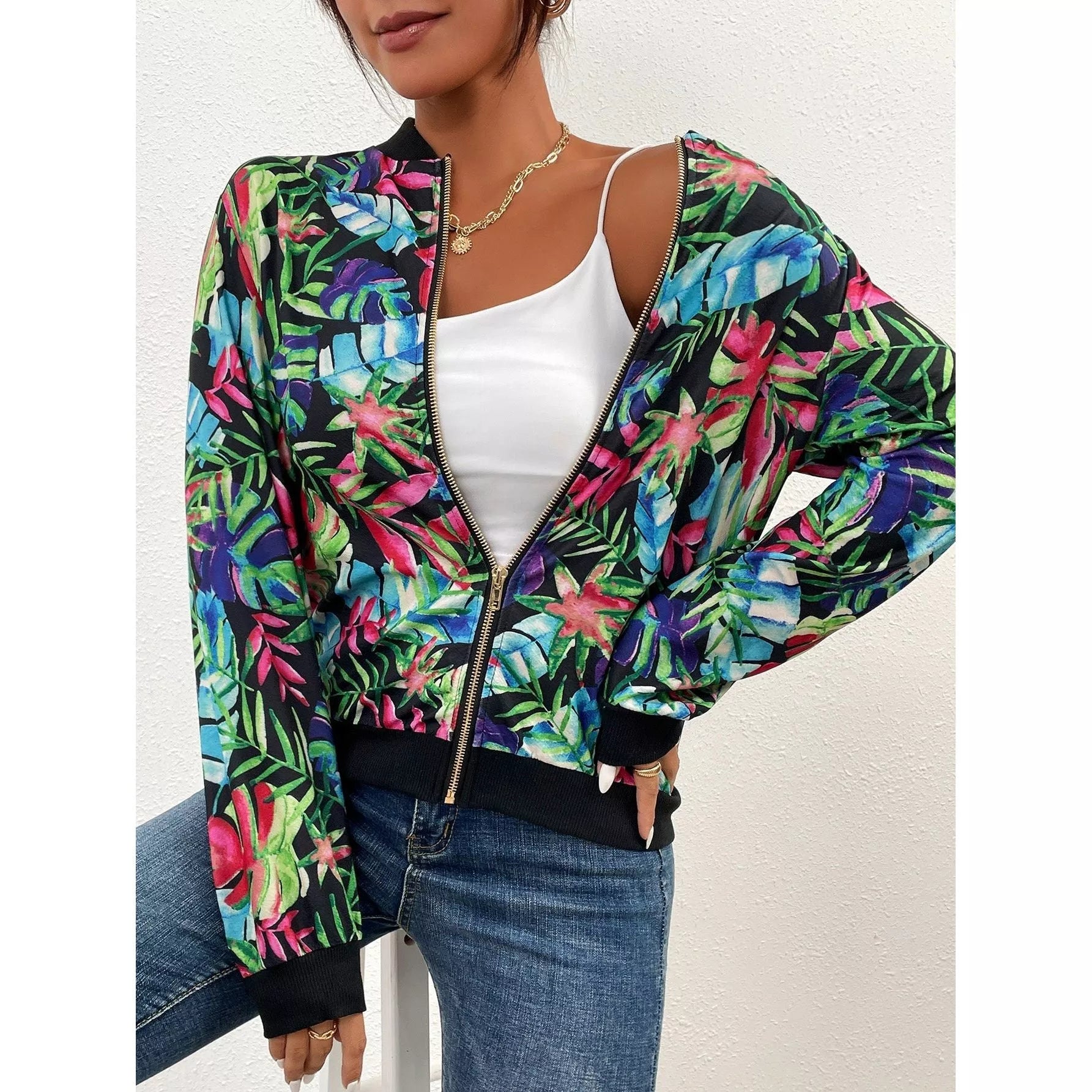 Printed Zipper-Up Long Sleeve Jacket