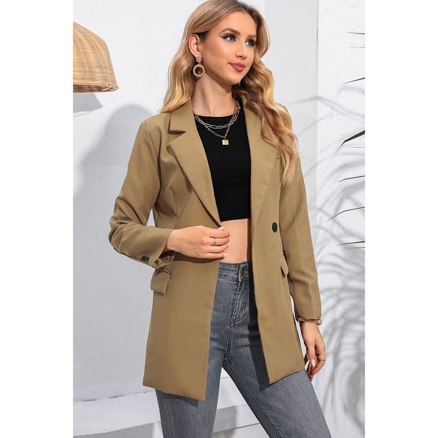 Lapel Neck Long Sleeve Blazer with Pockets