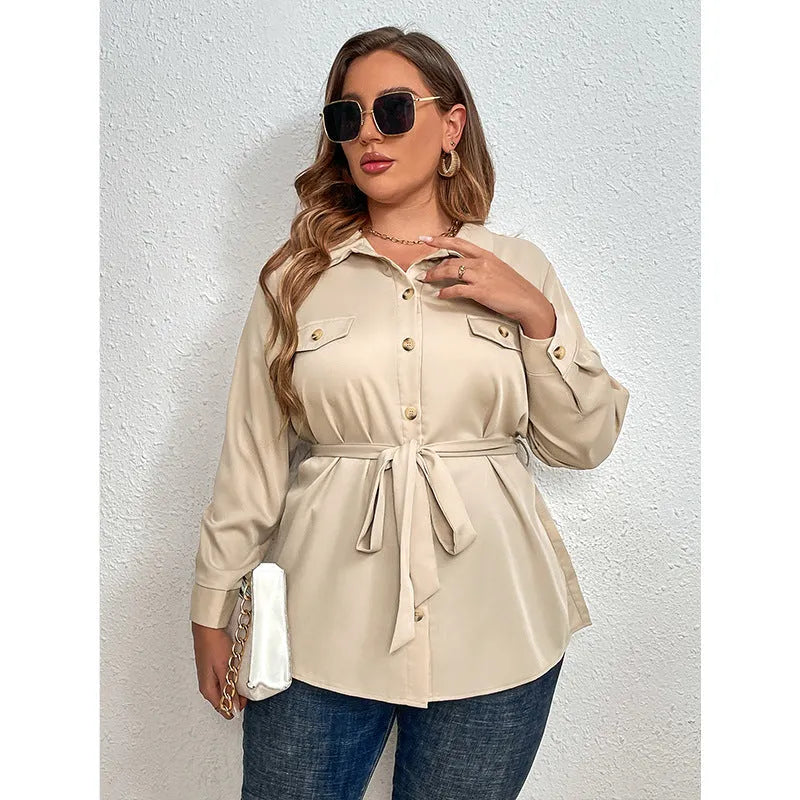 Tops & Blouses, Women's Plus Size Tie Belt Long Sleeve Shirt