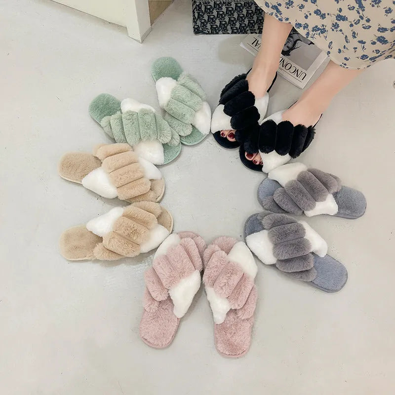 Warm Plush Slippers | Cross Top Fur Slippers | Ikervo