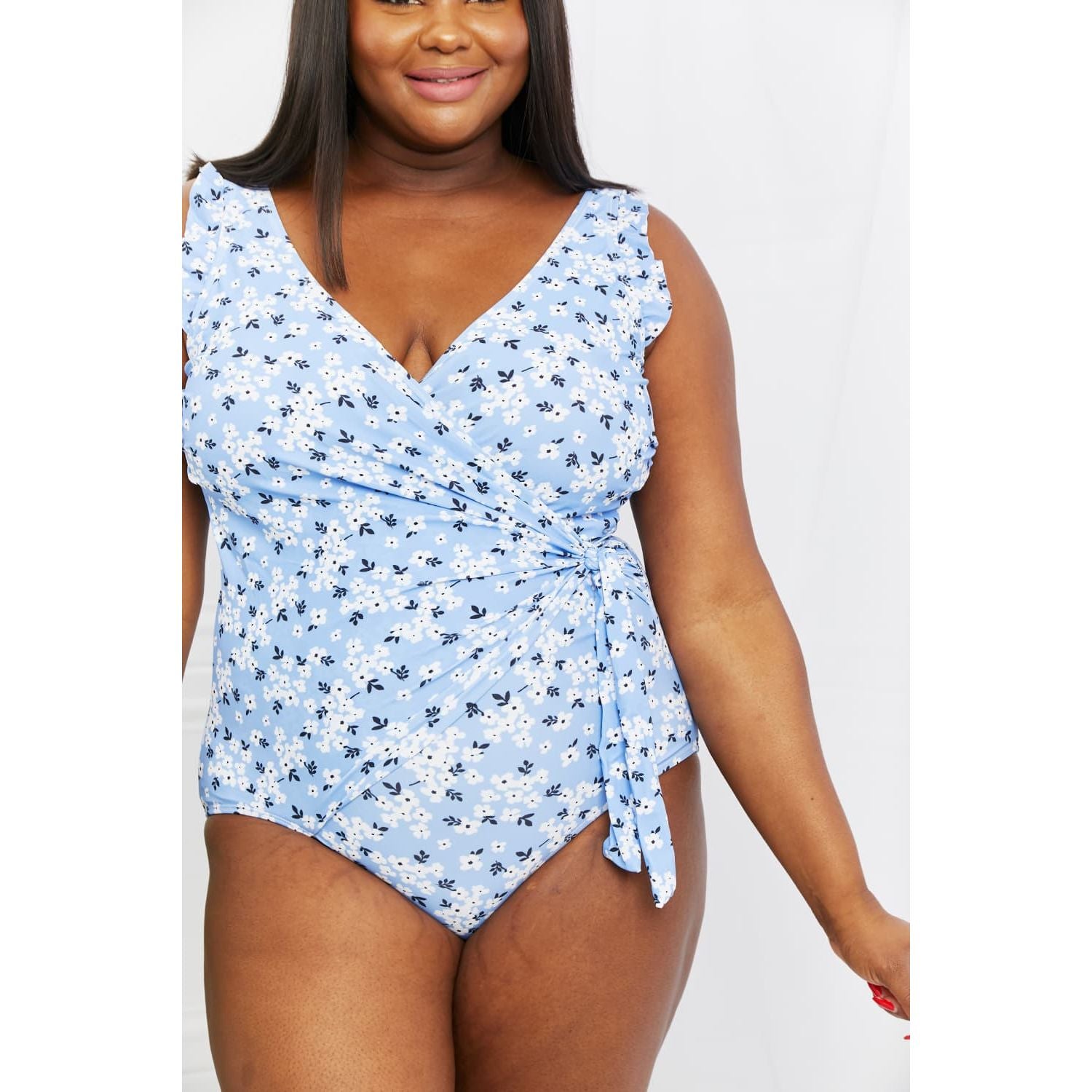 Marina West Swim Full Size Float On Ruffle Faux Wrap One-Piece in Blossom Blue