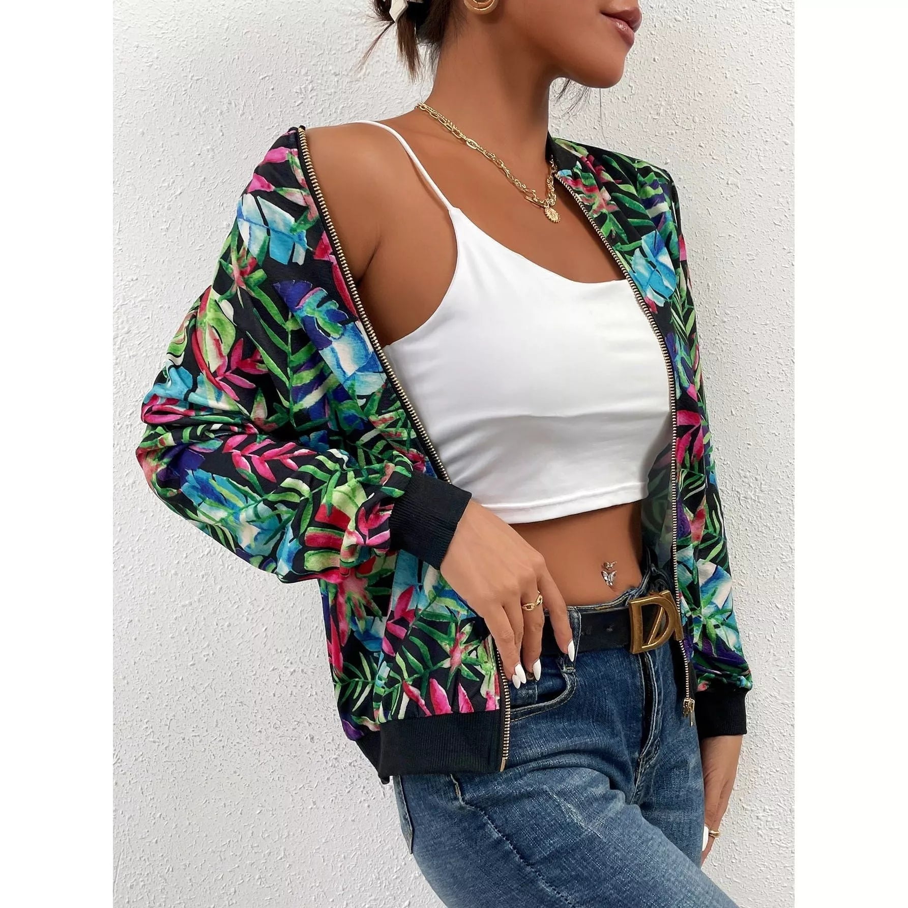 Printed Zipper-Up Long Sleeve Jacket