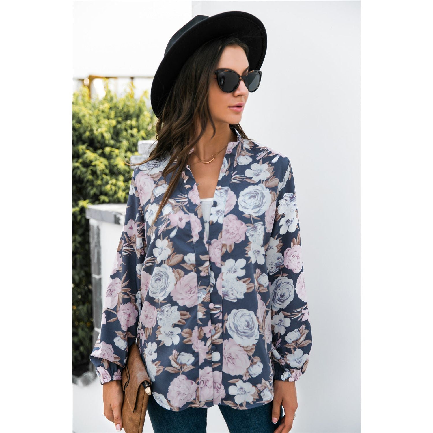 Floral Print Mock Neck Button Front Shirt