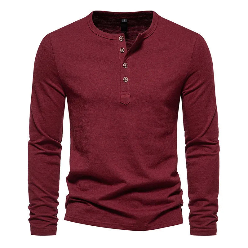 Long Sleeve Tee, Winter New Long Sleeve T-shirt Men's Bamboo Cotton Solid Color Four Button Henry Collar Long Sleeve T-shirt Men