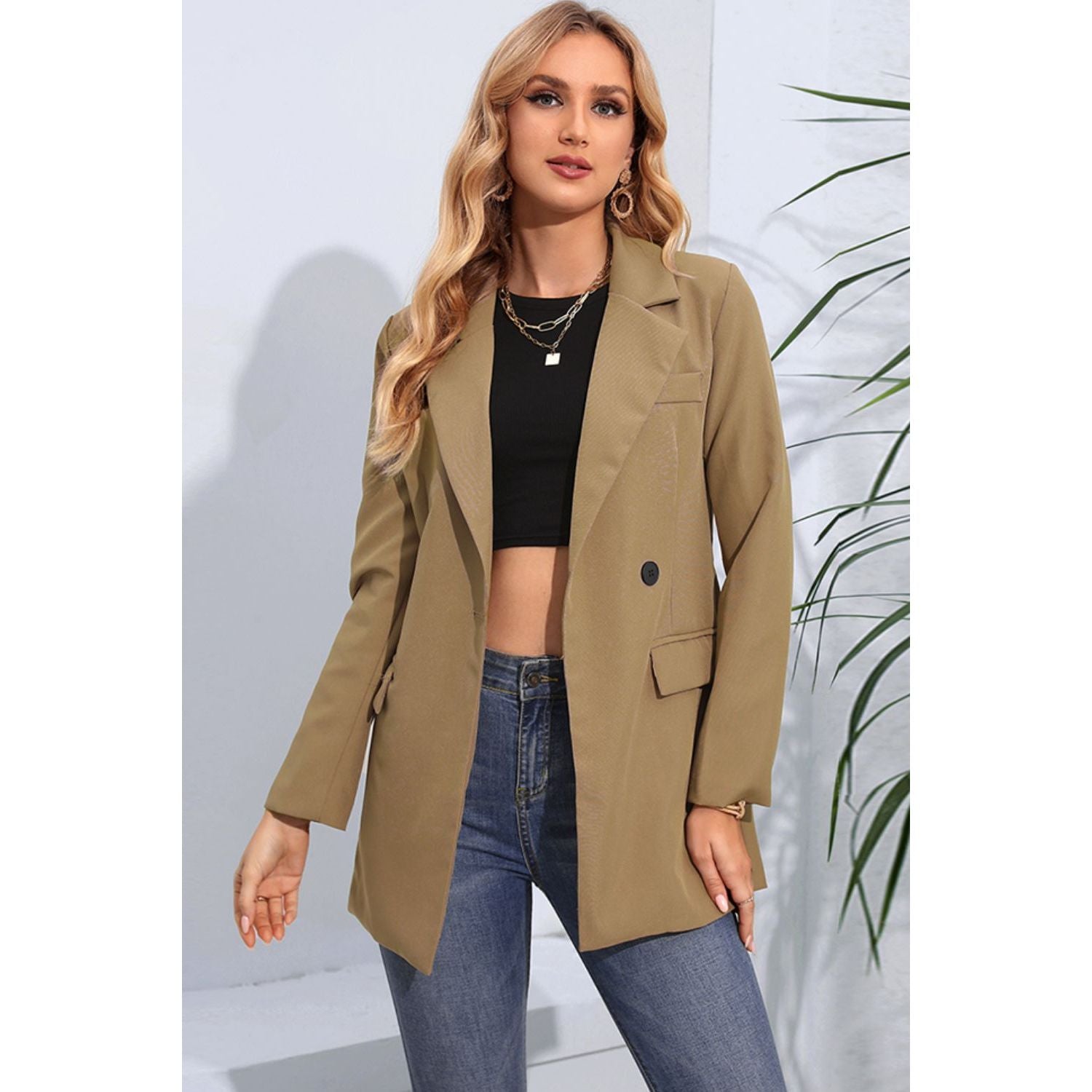 Lapel Neck Long Sleeve Blazer with Pockets