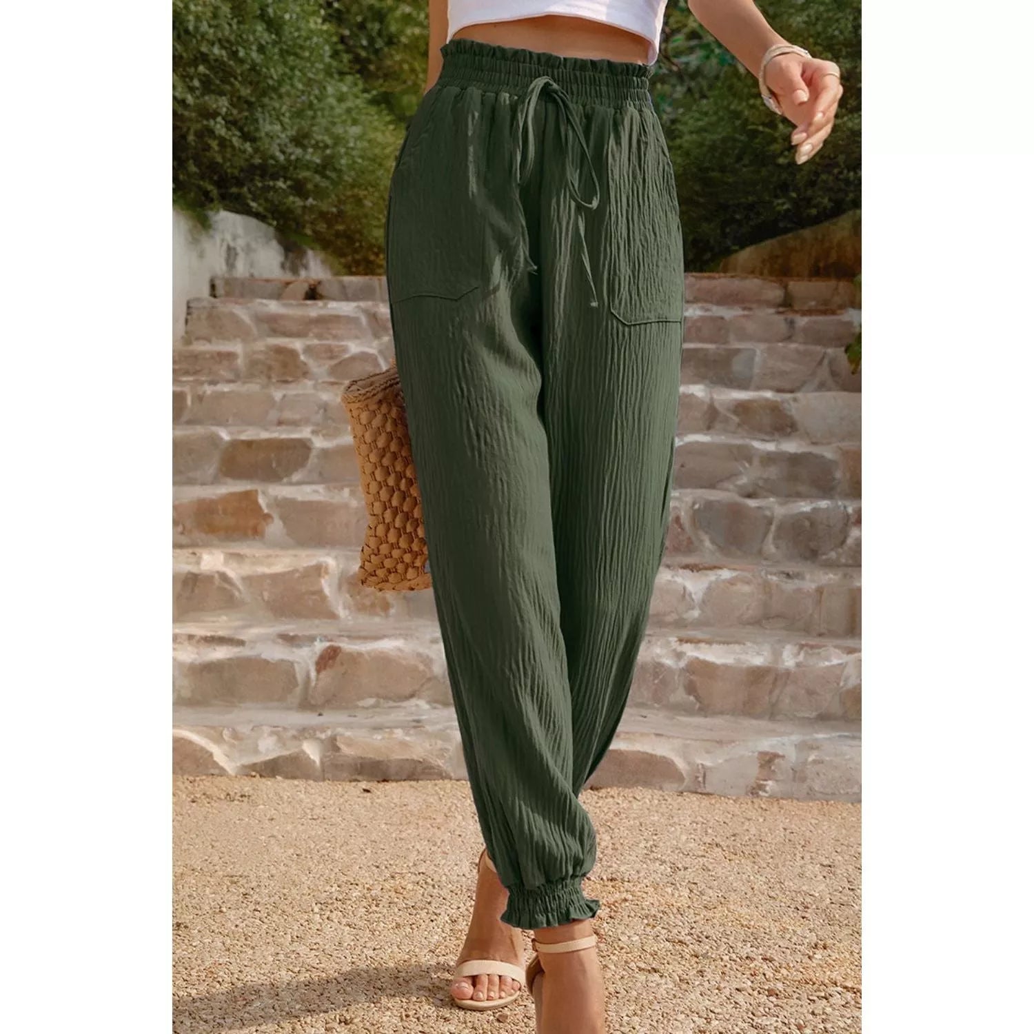 Textured Smocked Waist Pants with Pockets