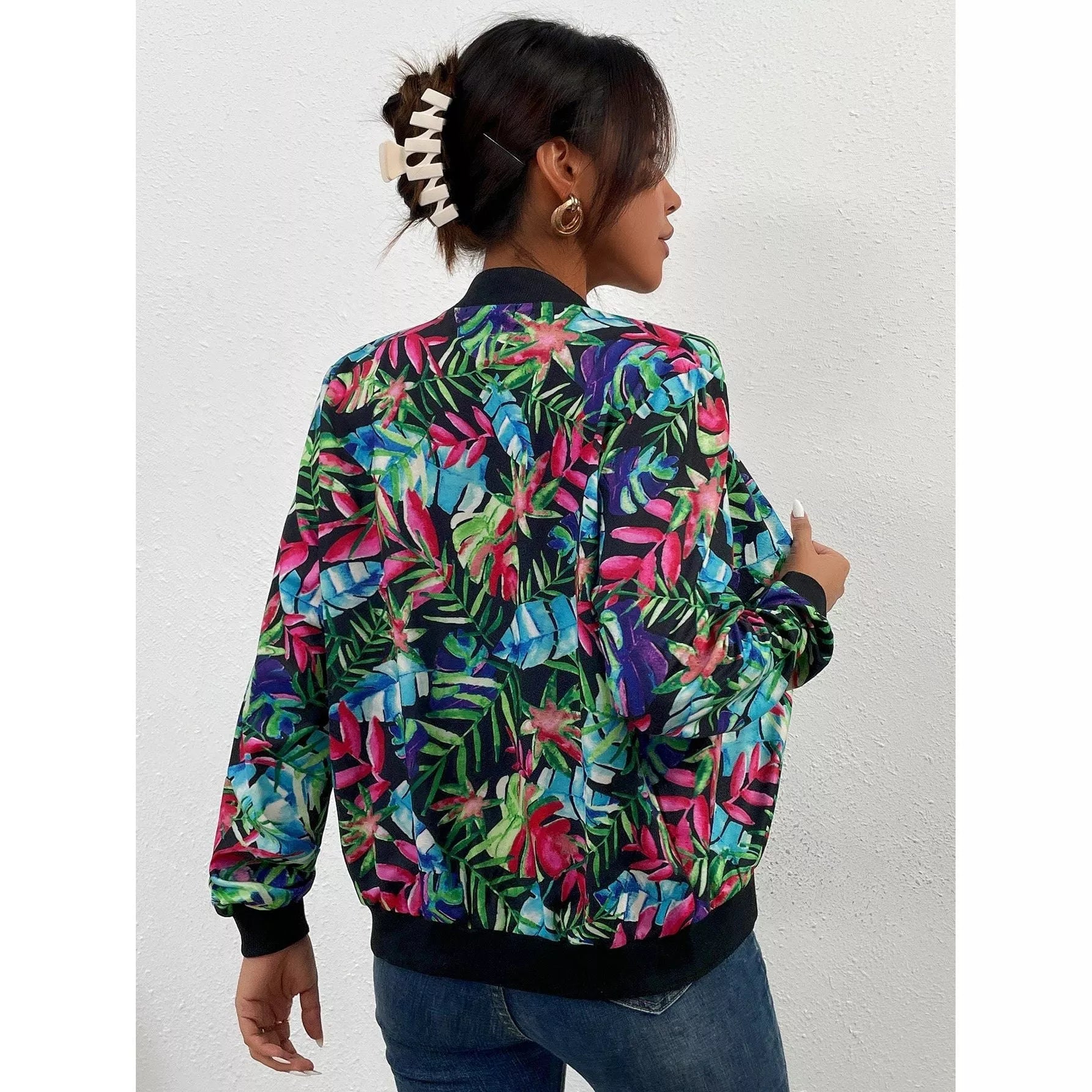 Printed Zipper-Up Long Sleeve Jacket