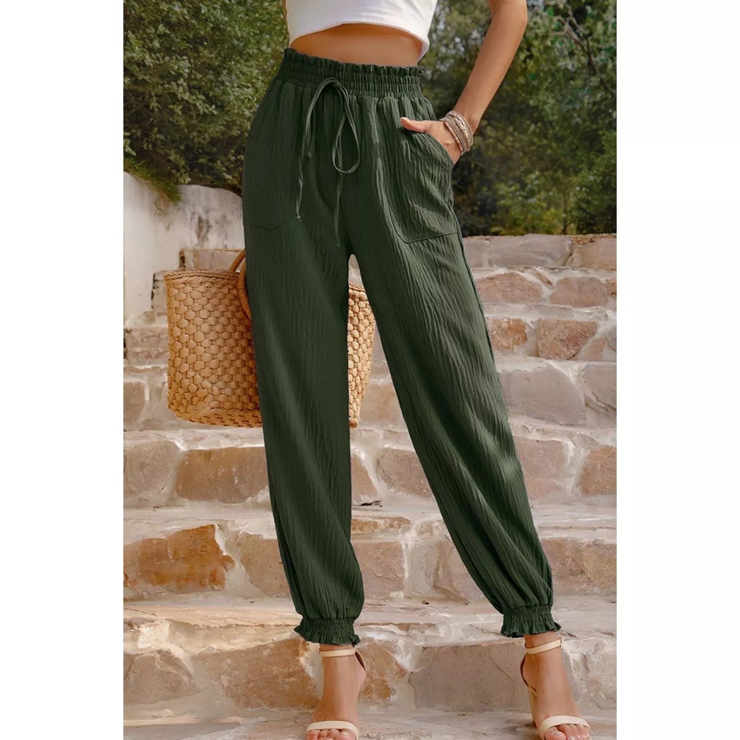 Textured Smocked Waist Pants with Pockets