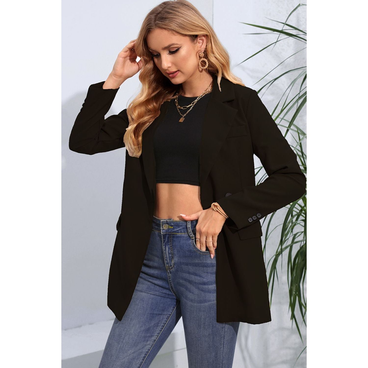 Lapel Neck Long Sleeve Blazer with Pockets