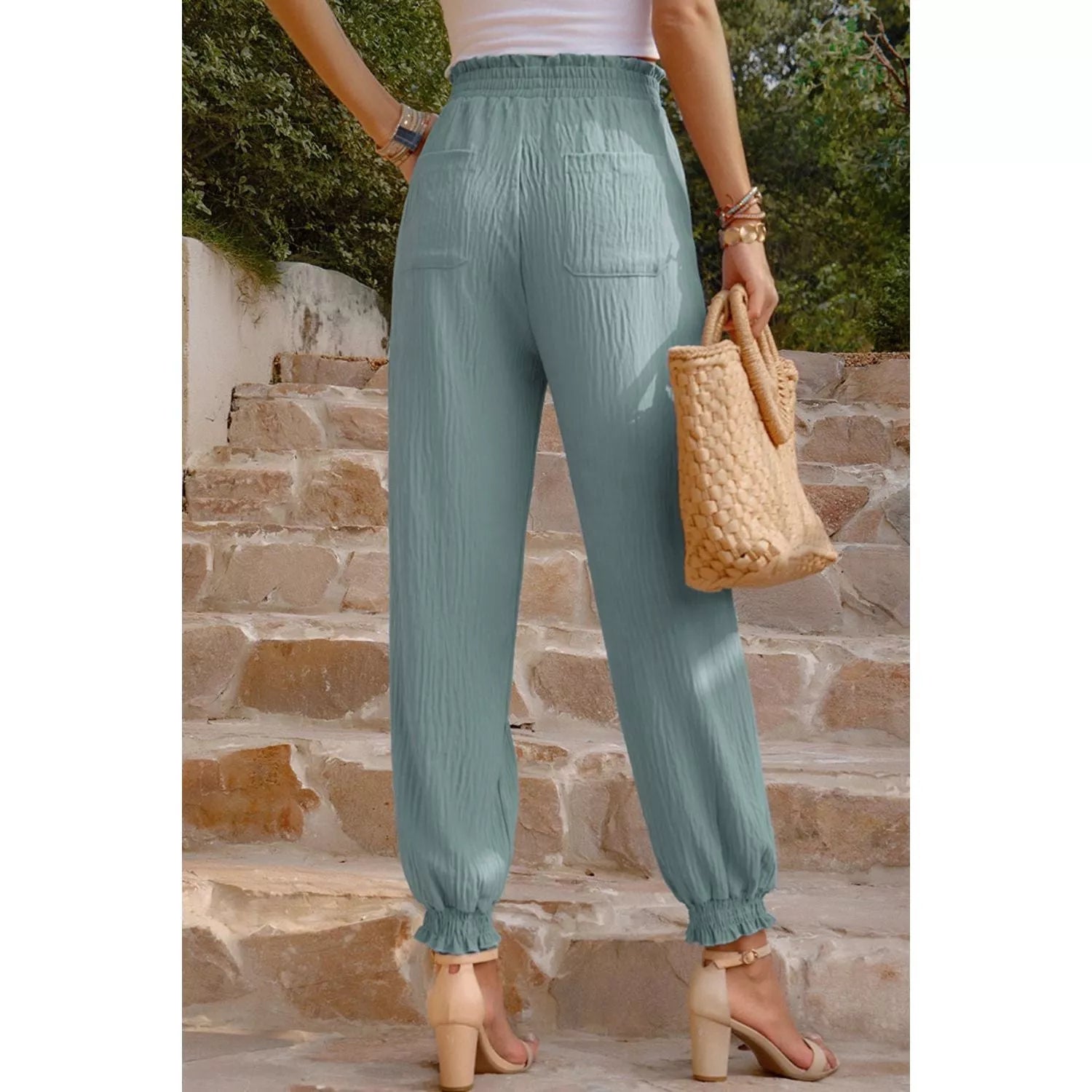 Textured Smocked Waist Pants with Pockets