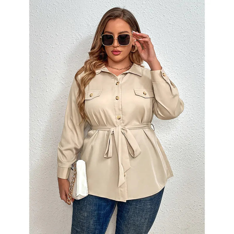 Tops & Blouses, Women's Plus Size Tie Belt Long Sleeve Shirt